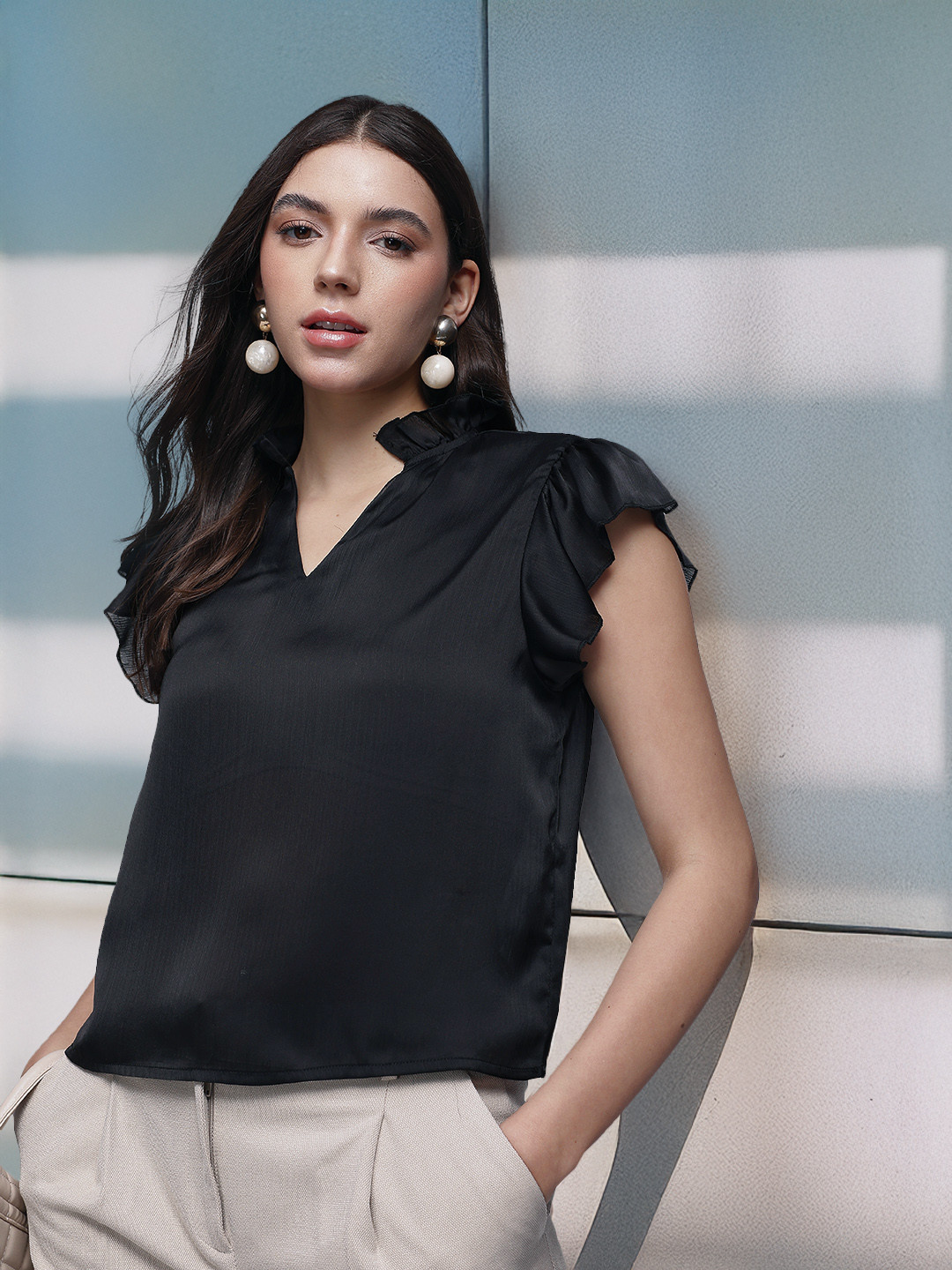 French Connection Flutter Sleeves Ruffles Top