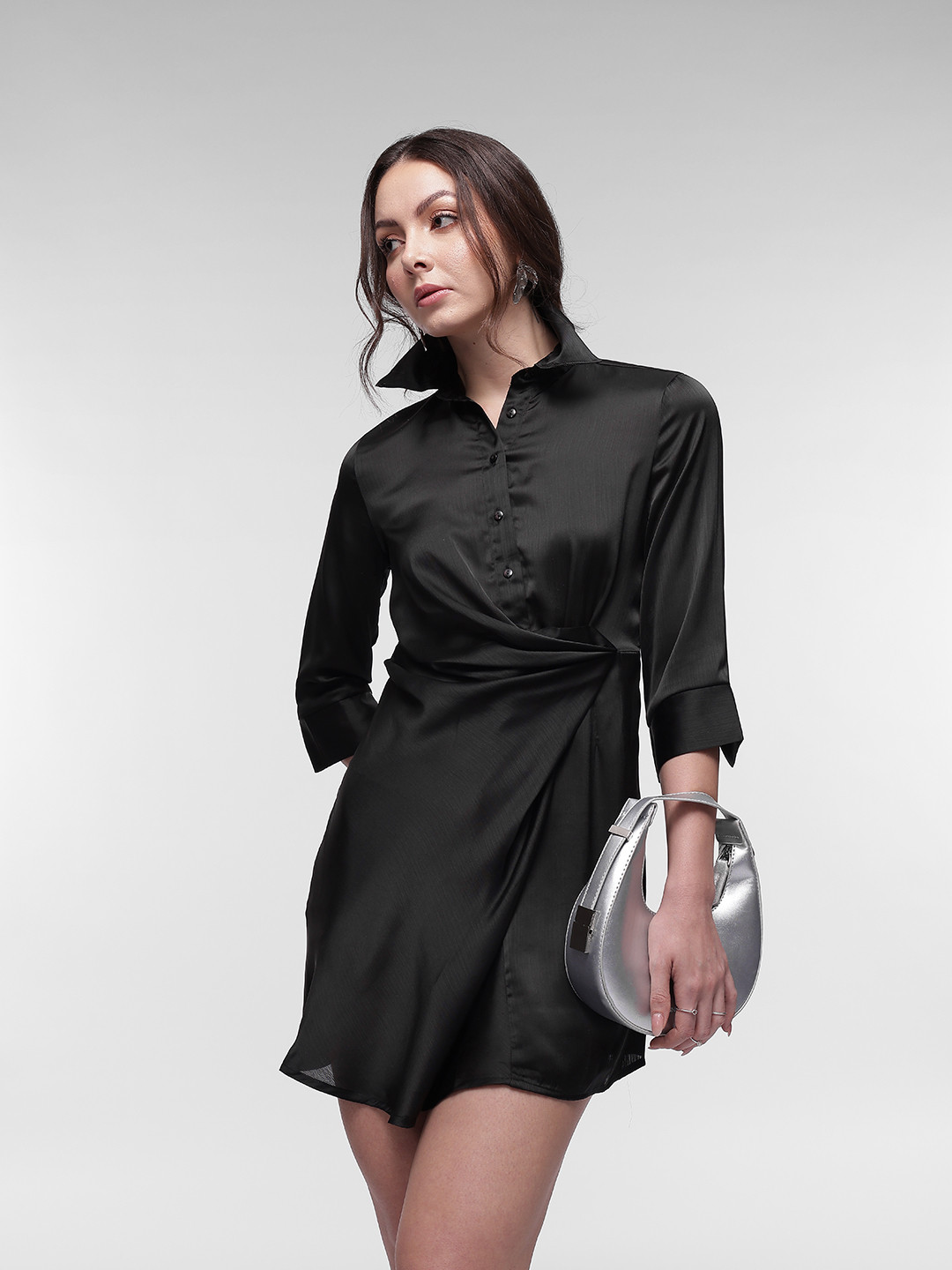French Connection Satin-Finish Faux Wrap Shirt Mini Dress