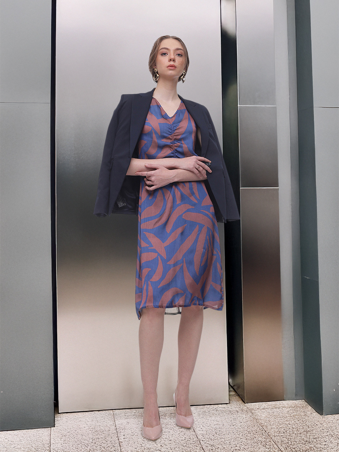 French Connection V-Neck Abstract Printed Gathers A-Line Dress