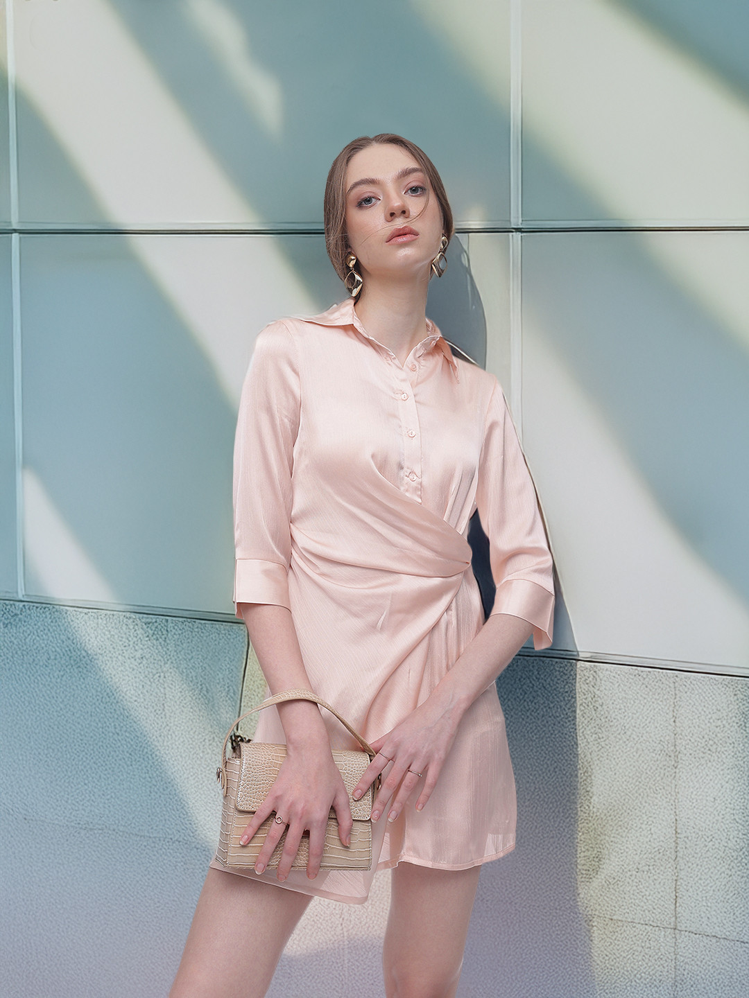 French Connection Shirt Collar Twist-Detail A-Line Mini Dress