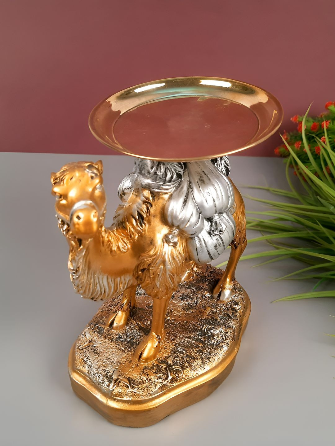 apka mart Camel With Detachable Tray Gold Polyresin Metallic Living Room Medium Showpiece - 7.9 Inches