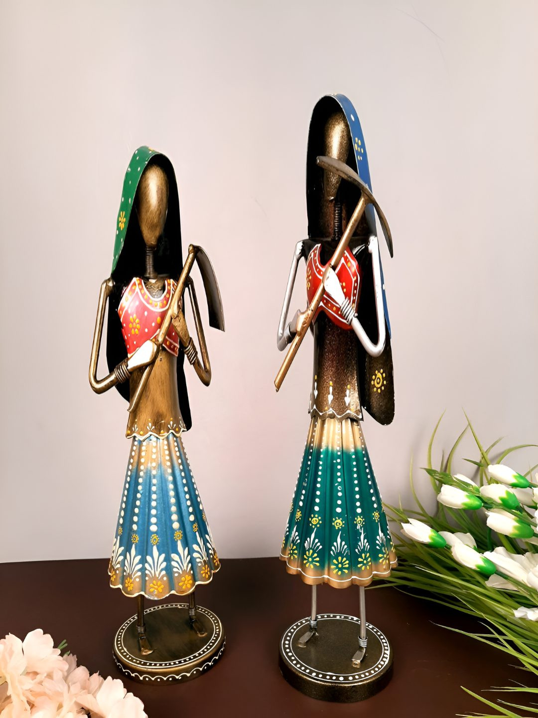 apka mart Village Worker Ladies Blue Metal Metallic Living Room Set of 2 Medium Showpieces - 15 Inches