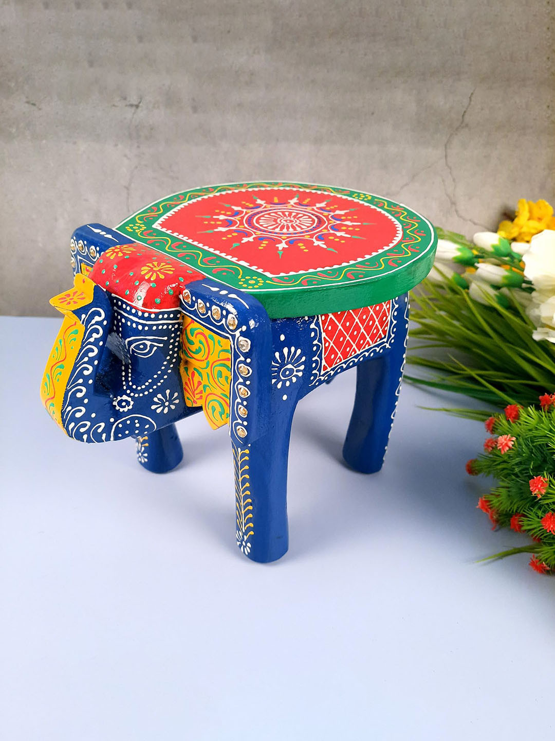 apka mart Elephant Blue Wood Natural Living Room Medium Showpiece - 7.5 Inches