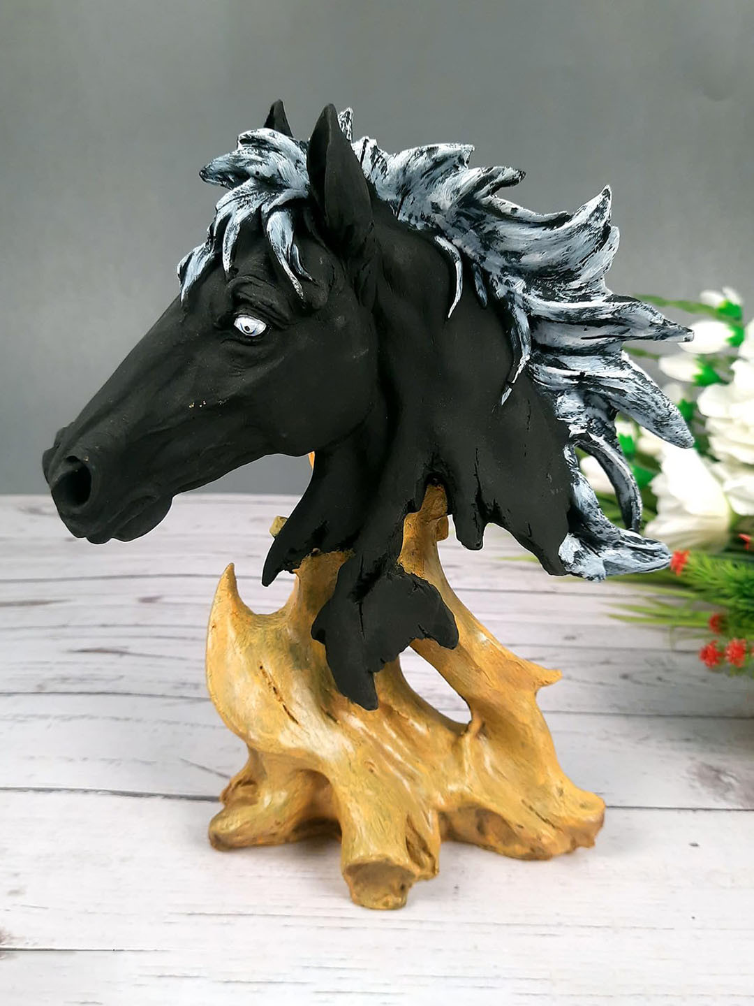 apka mart Horse Face Black Polyresin Matte Living Room Medium Showpiece - 9.8 Inches