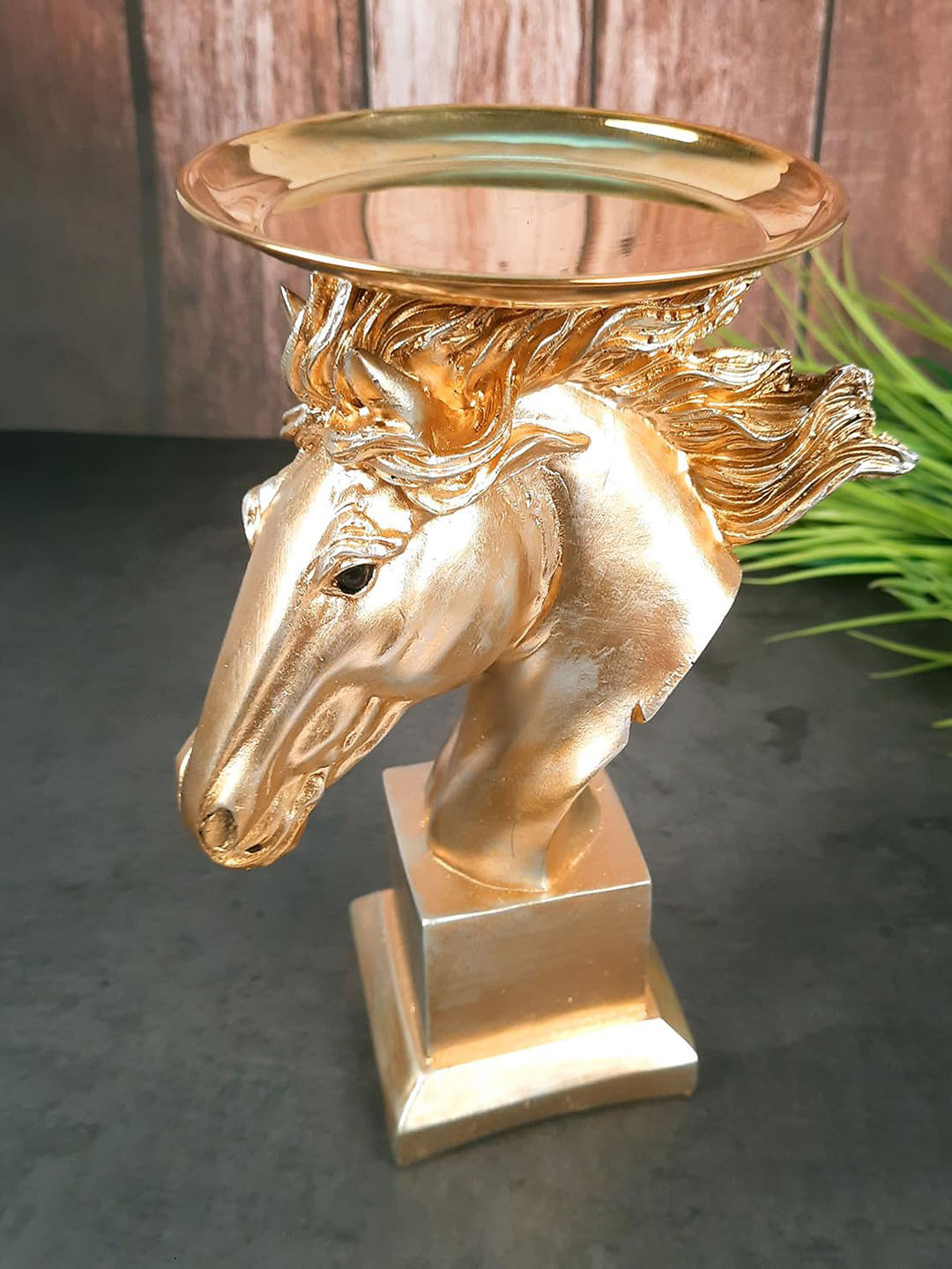 apka mart Horse with Detachable Tray Gold Polyresin Natural Home Office Large Showpiece - 9.8 Inches