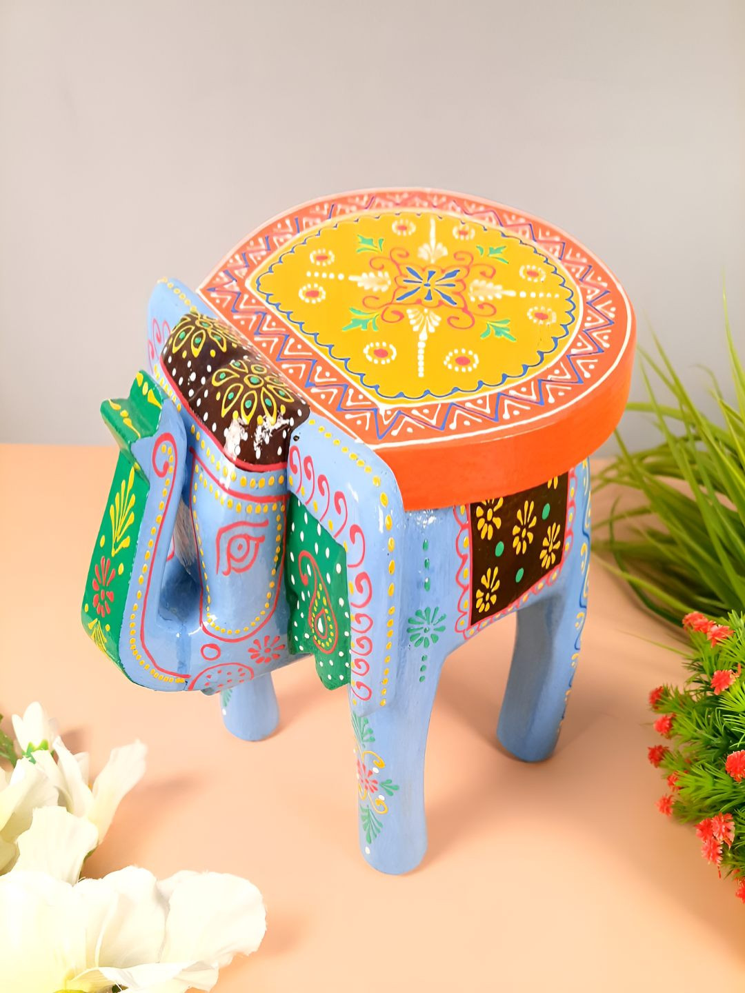 apka mart Elephant Table Blue Wood Natural Living Room Small Showpiece - 7.5 Inches