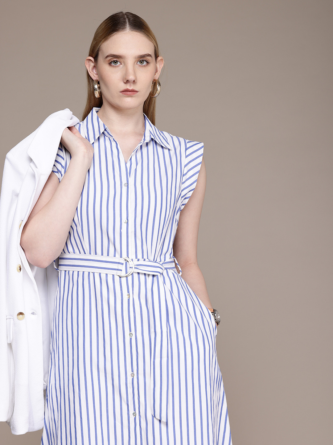 French Connection Striped Cap Sleeves Shirt Dress