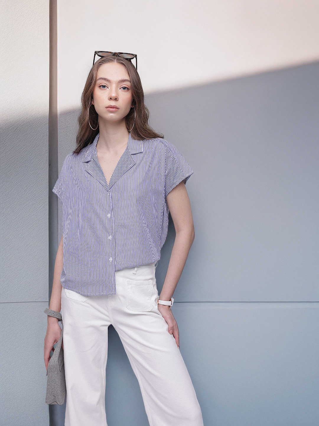 French Connection Boxy Fit Cuban Collar Striped Casual Shirt