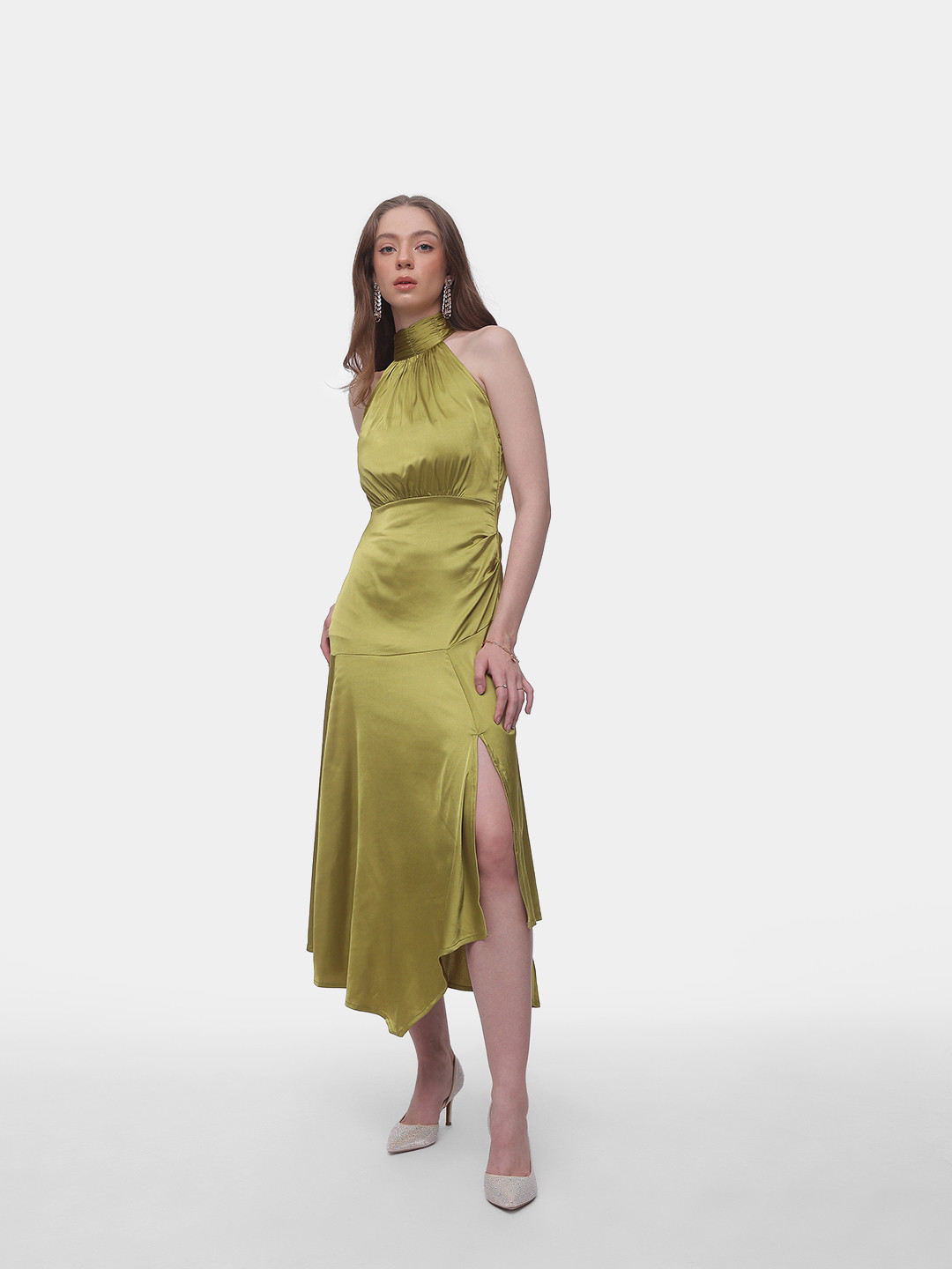 French Connection Halter Neck High Slit Satin Maxi Dress