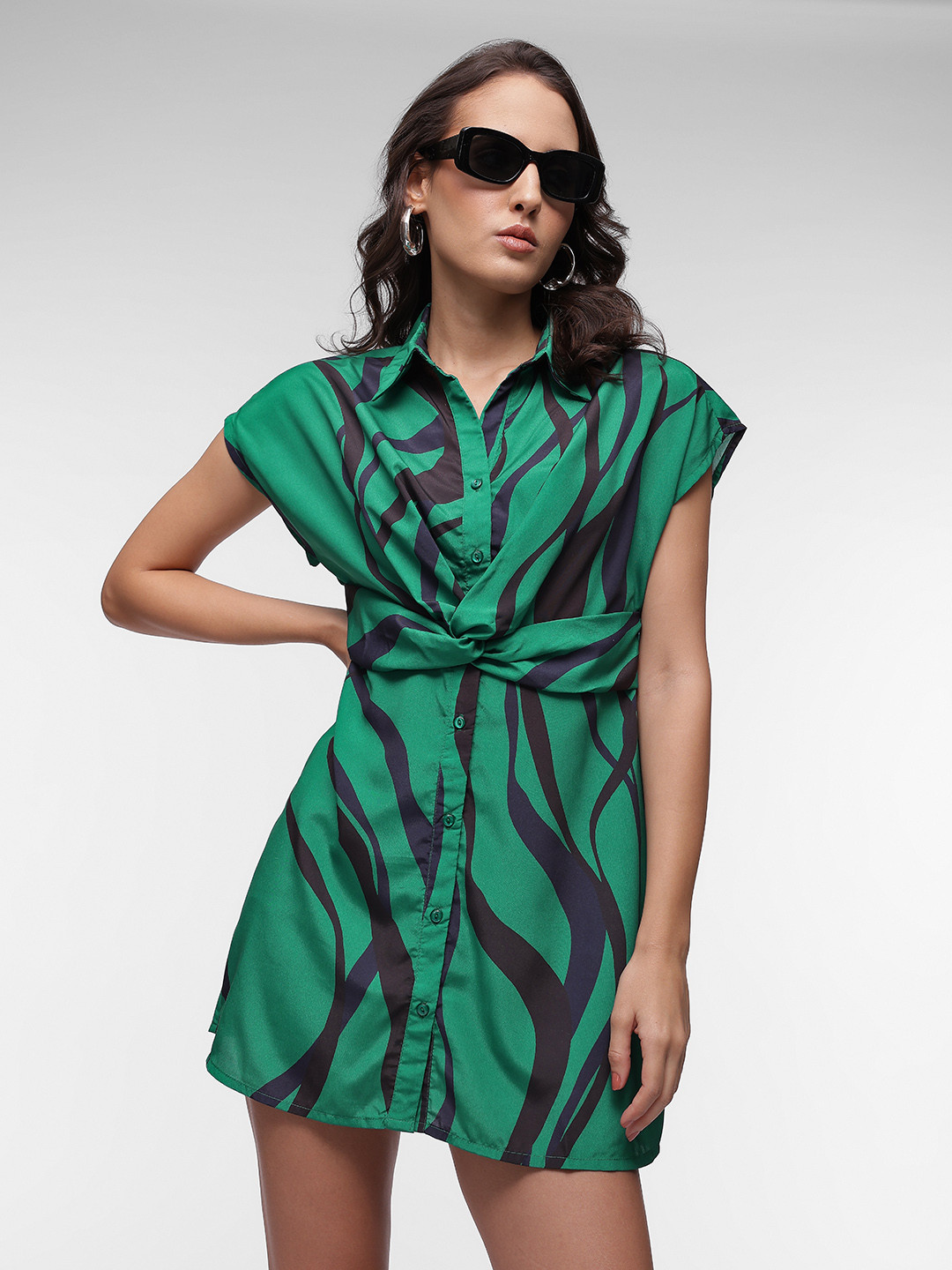 French Connection Abstract Printed Belted Detail Extended Sleeves Mini Shirt Dress