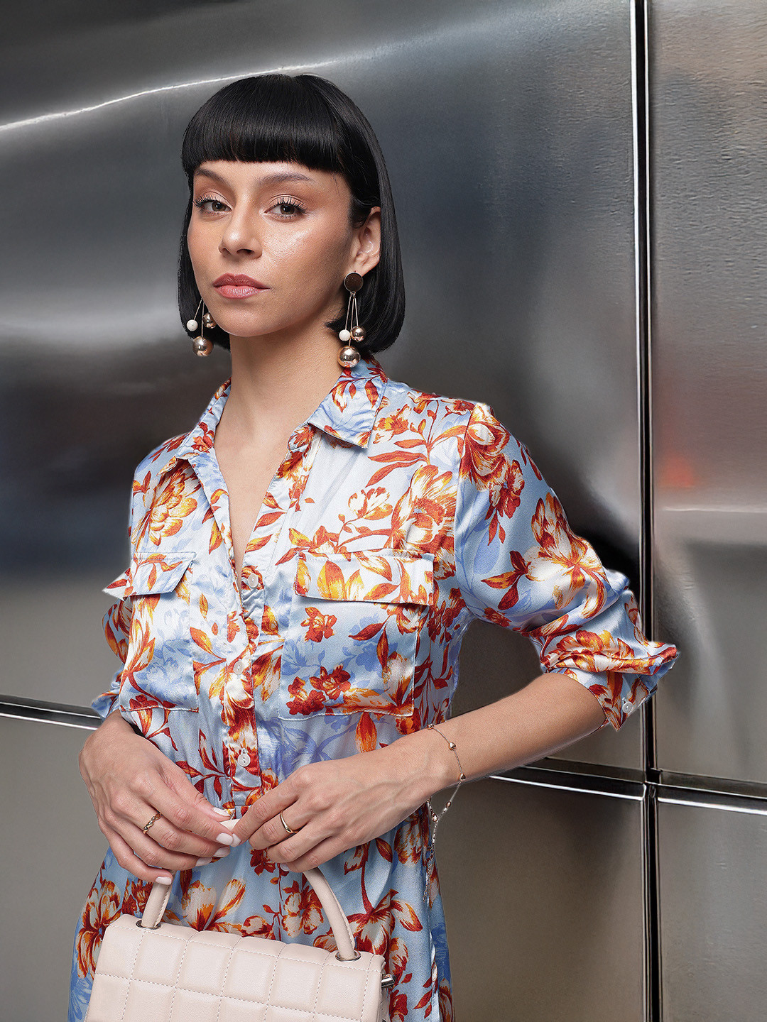 French Connection Floral Printed Cuffed Sleeves Gathered Satin A-Line Mini Dress