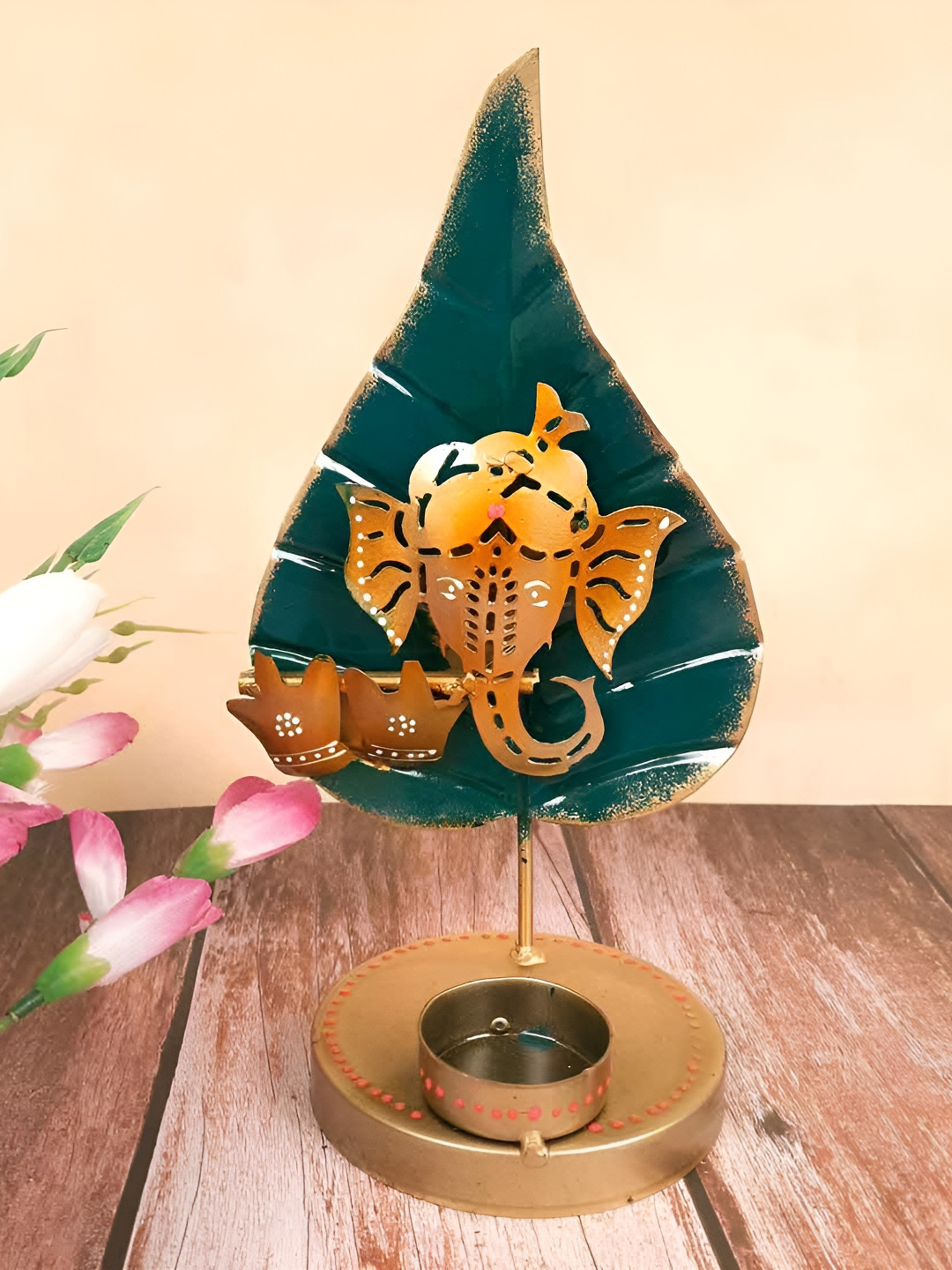 apka mart Gold-Toned & Green Ganesh Design Metal Candle Holder