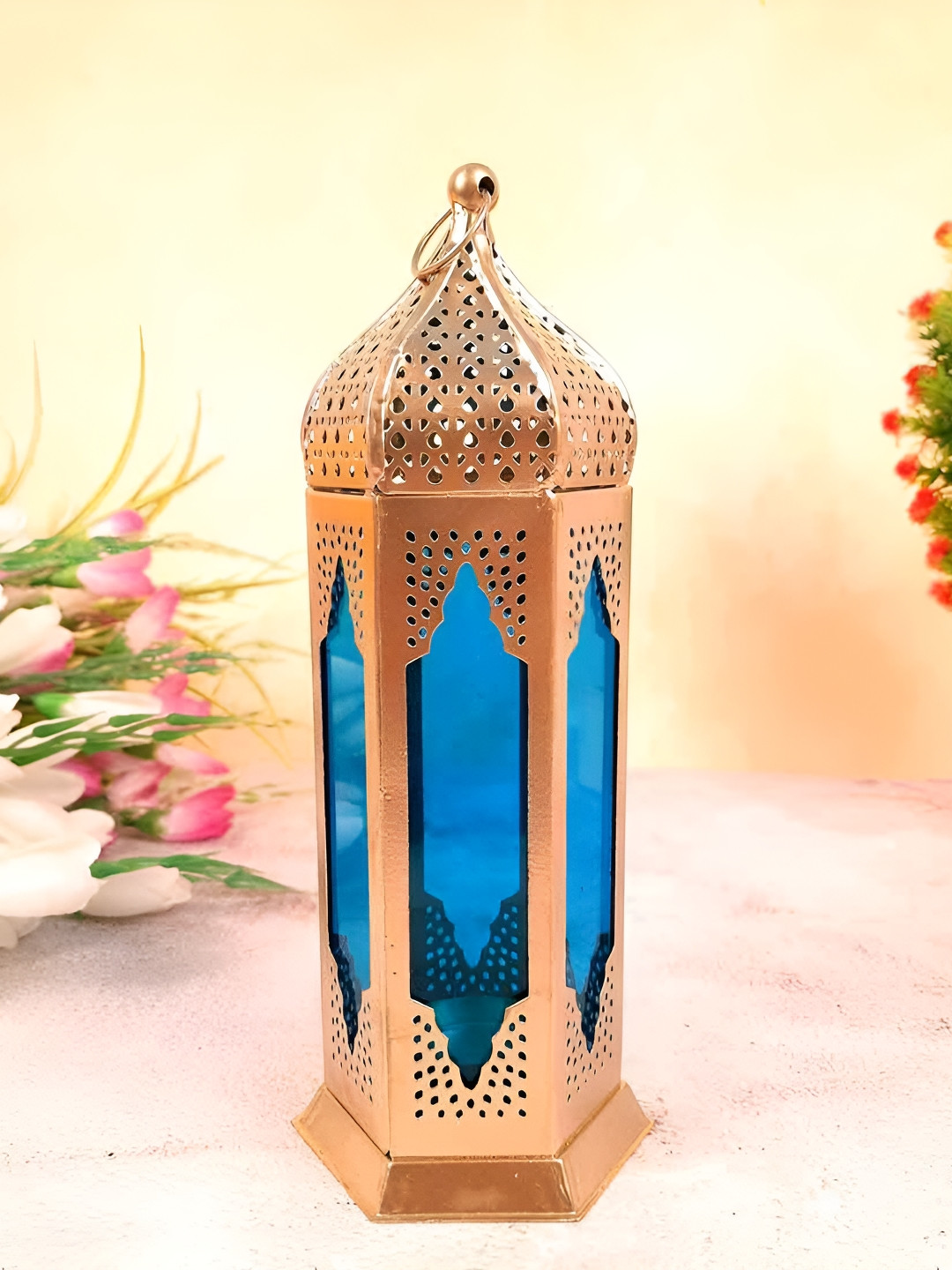 apka mart Copper-Toned & Blue Textured Metal Moroccan Lantern Hanging Candle Holder
