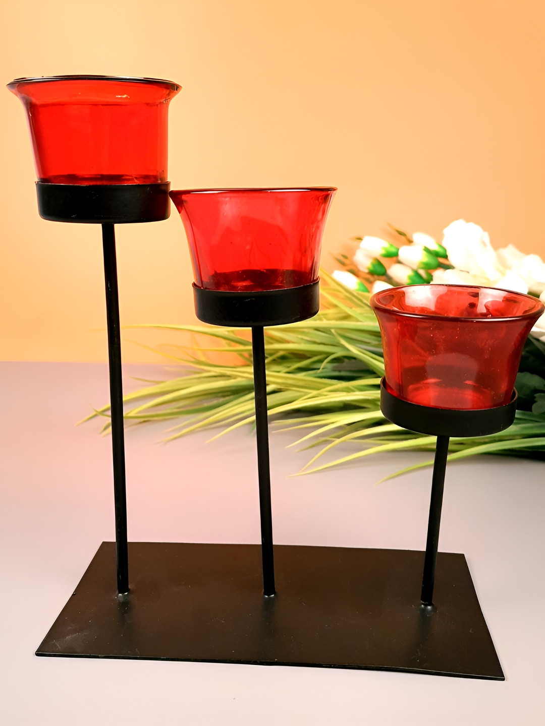 apka mart Black & Red Candle Holder With 3 Glass Cups Votive