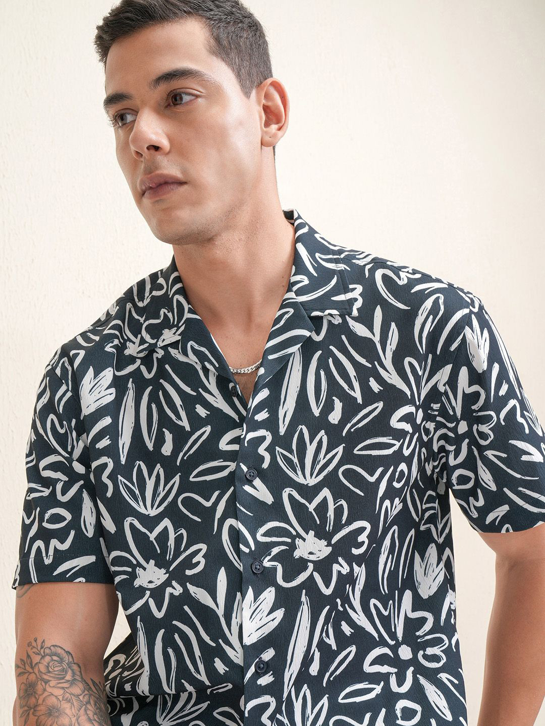 LOCOMOTIVE Premium Men Crushed Textured Floral Printed Cuban Collar Relaxed Fit Casual Shirt