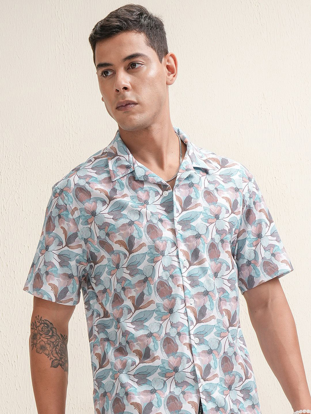 LOCOMOTIVE Premium Men Popcorn Textured Floral Printed Cuban Collar Relaxed Fit Casual Shirt