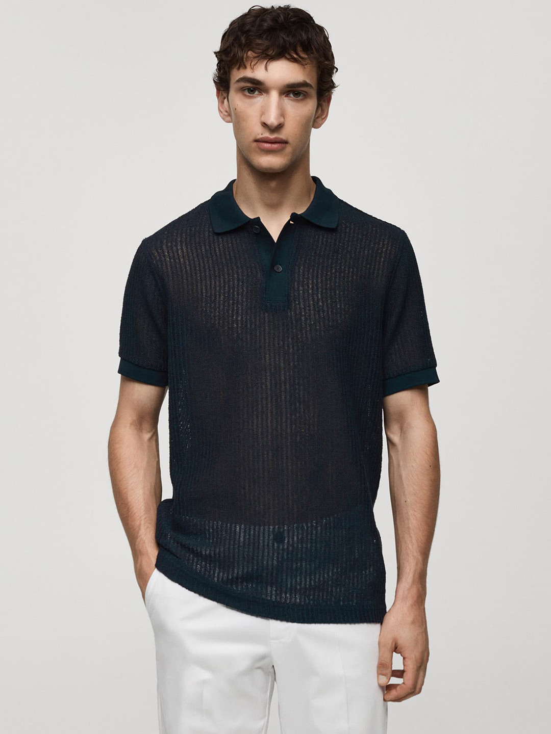 MANGO MAN Semi Sheer Textured Polo Collar T-shirt