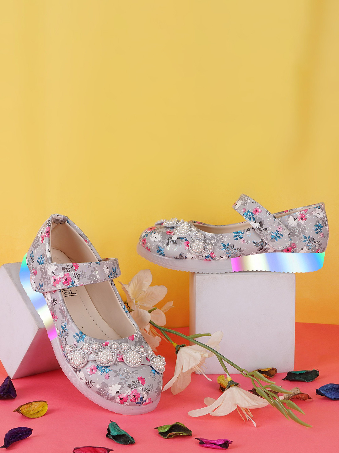 BAESD Girls Flower Print Embellished Mary Janes