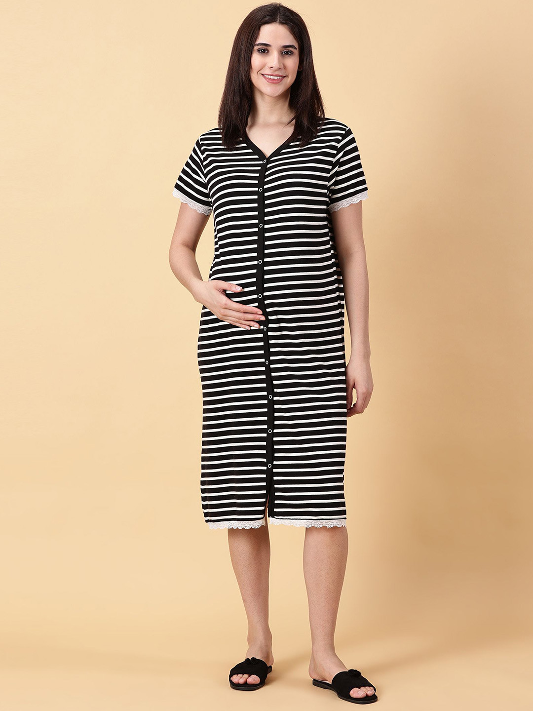 PURPLE FLAUNT V-Neck Short Sleeves Striped Pure Cotton Maternity Nightdress
