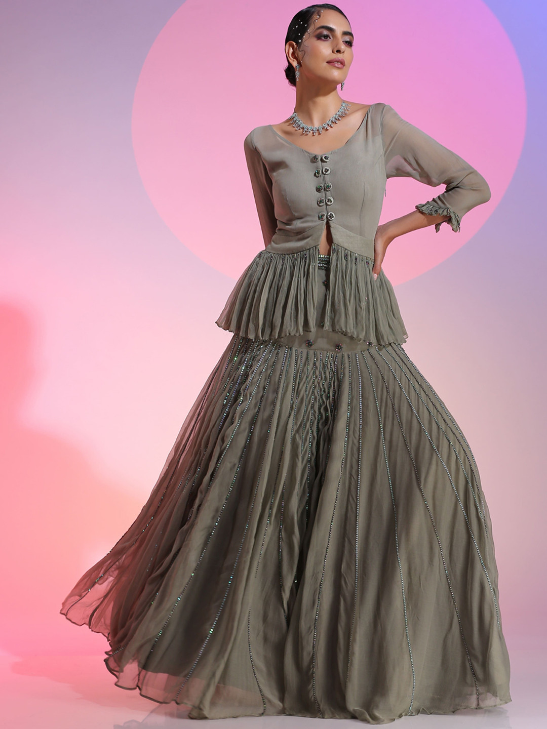 KUDI PATAKA Faiz/OG V-Neck Sequinned Peplum Top & Flared Skirt