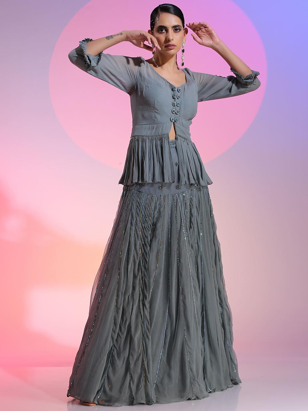 KUDI PATAKA Faiz/GB V-Neck Sequinned Peplum Top & Flared Skirt