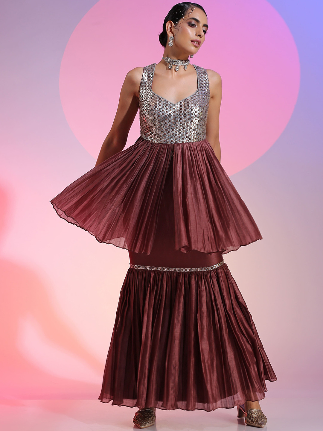 KUDI PATAKA Diva Embellished Sleeveless Pleated Peplum Top With Maxi Skirt