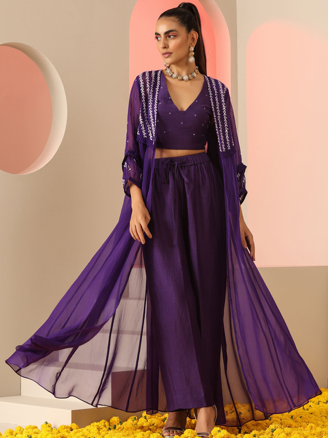 KUDI PATAKA Tina Embellished Crop Top Wih Jacket & Trousers