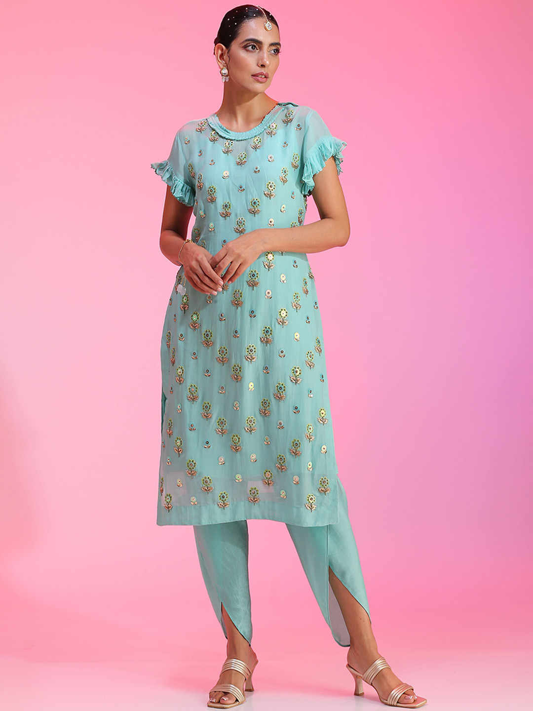 KUDI PATAKA Embellished Short Sleeve Tunic With Slip & Trouser Co-Ords