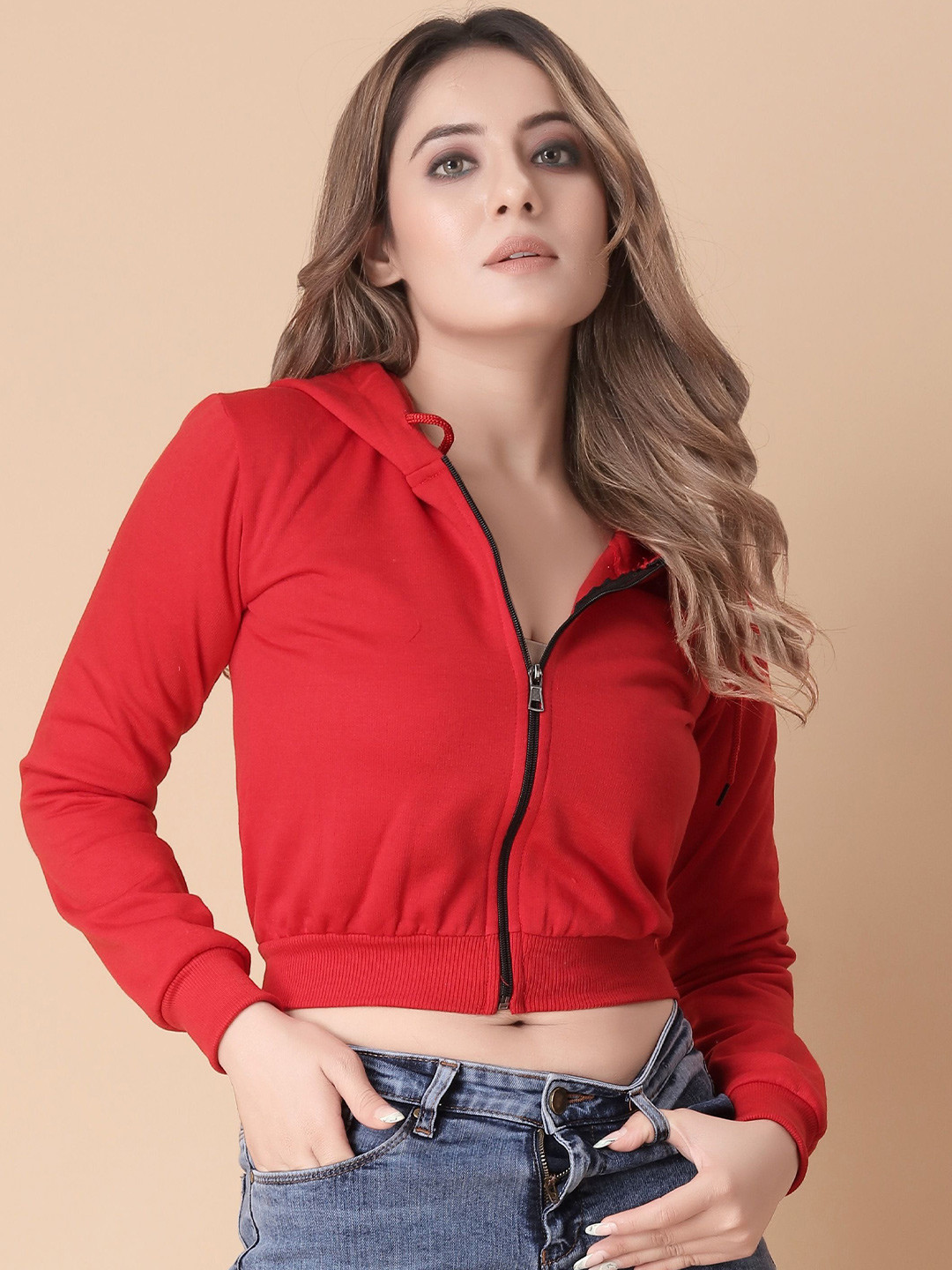Divra Clothing Women Solid Hooded Cropped Zipper Sweatshirt