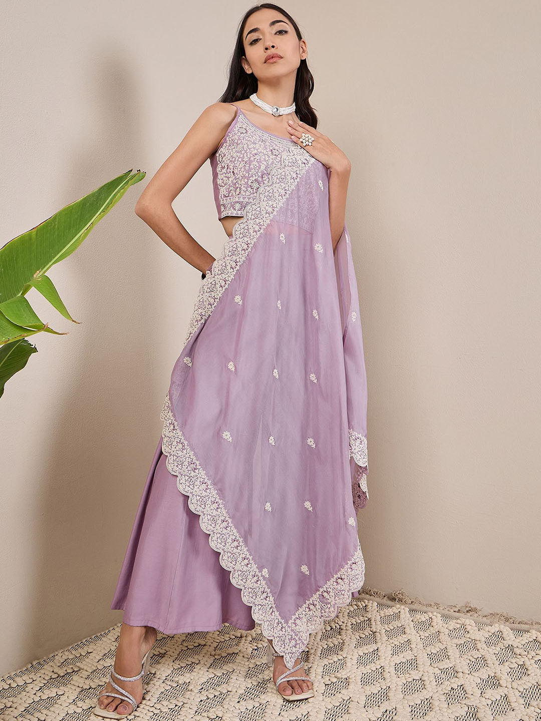 Anouk Lavender Embroidered Beads And Stones Kurta With Palazzos & Dupatta