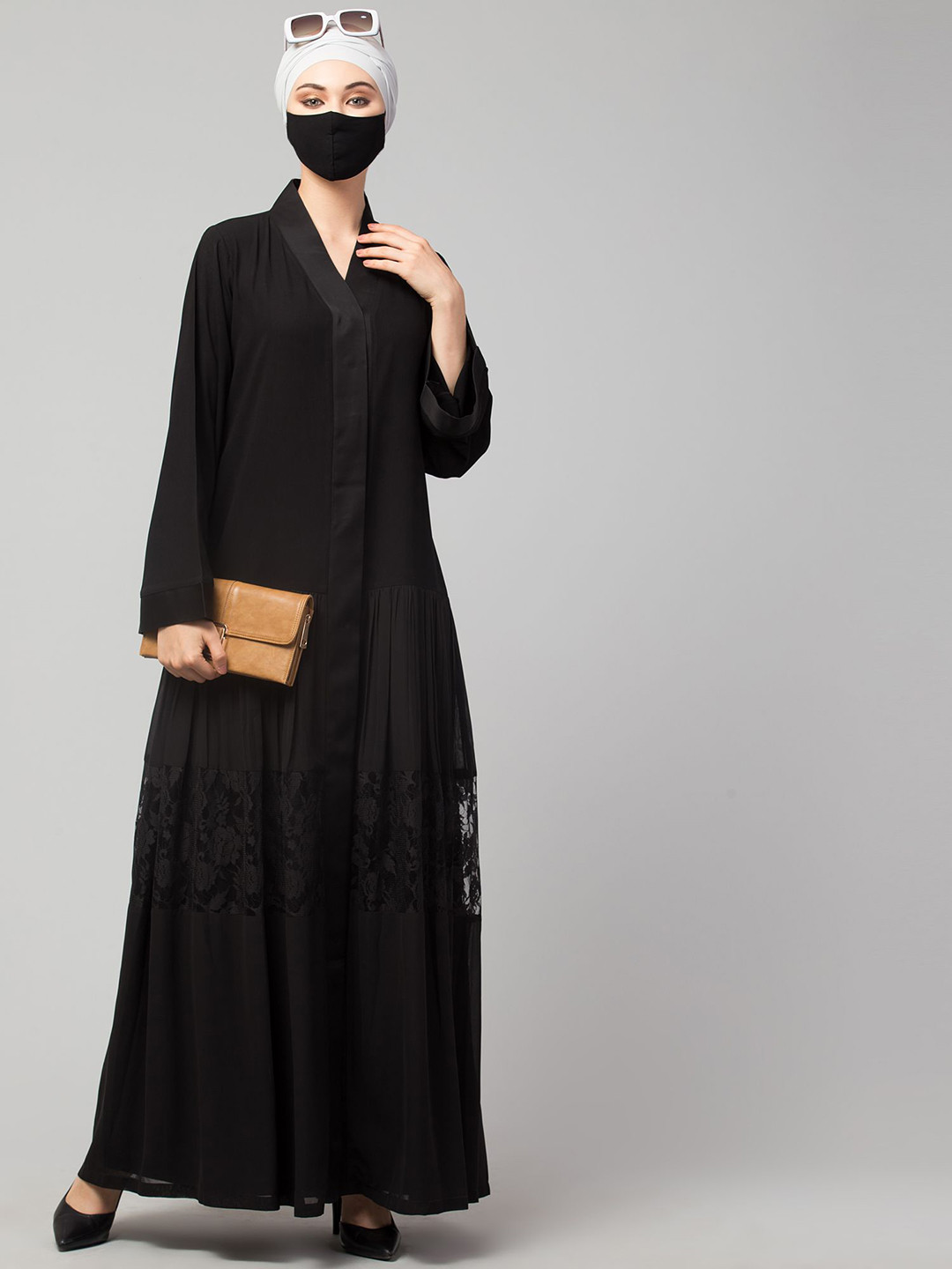 MUSHKIYA Round Neck Solid Net inserted detail Abaya With Burqa