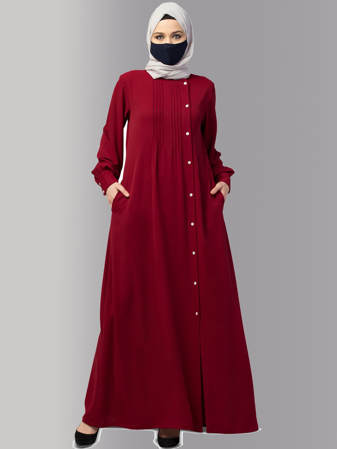 MUSHKIYA Round Neck Abaya With Pleats & Side Opening Burqa With Hijab