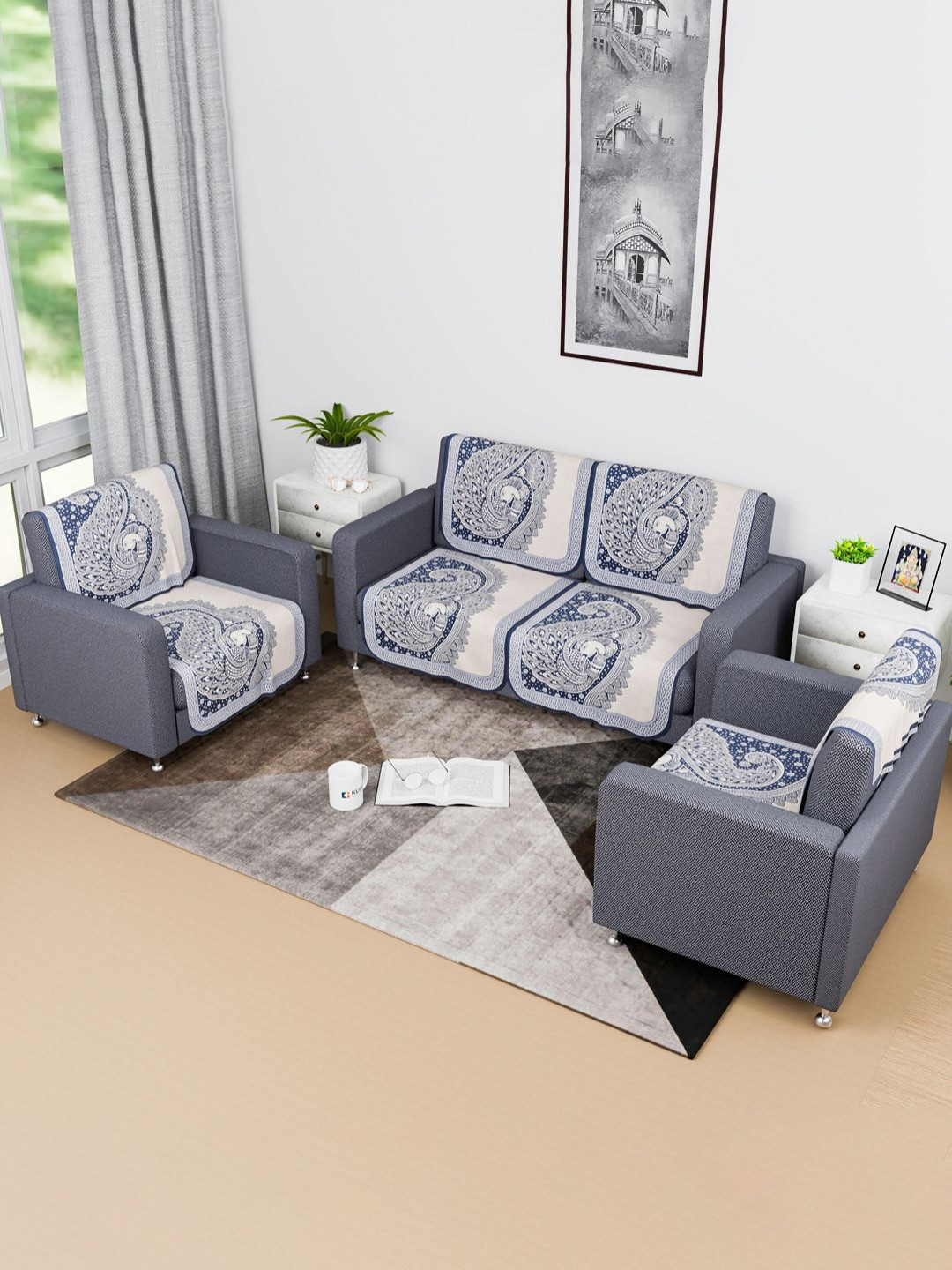 Kuber Industries Blue & Cream 8 Pieces Printed Cotton Sofa Covers