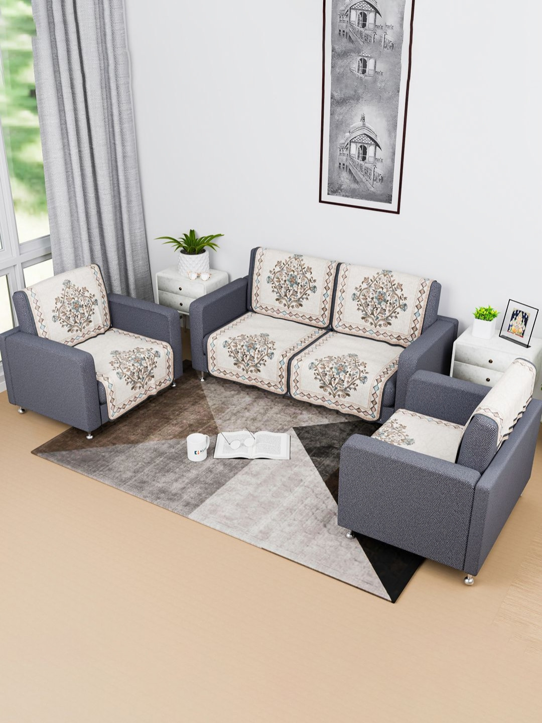 Kuber Industries Green & White 8 Pieces Printed Cotton Sofa Covers