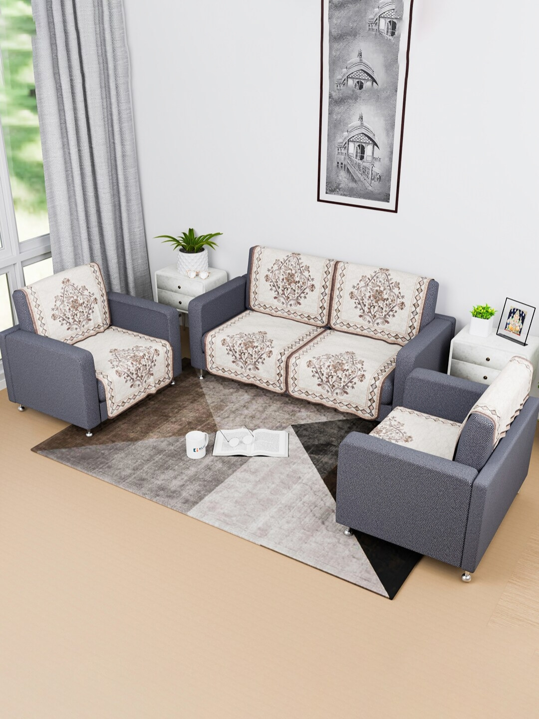 Kuber Industries Brown & White 8 Pieces Printed Cotton Sofa Covers