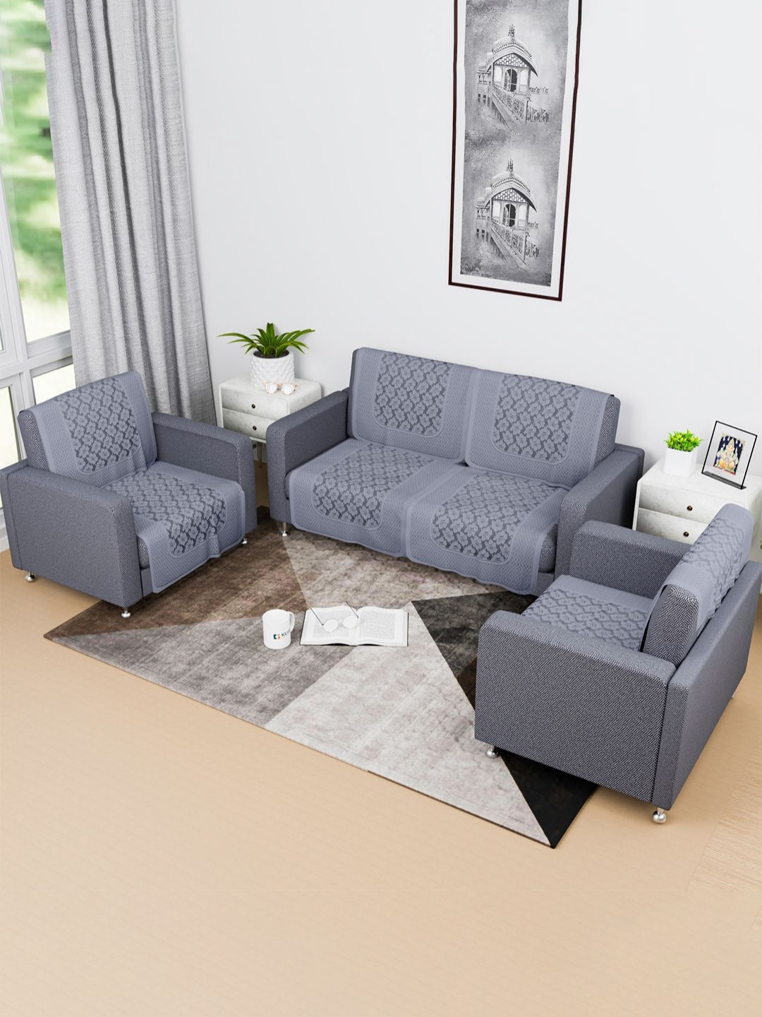 Kuber Industries Grey 8 Pieces Leonardo Flower Printed Cotton Net 2+1+1 Seater Sofa Cover