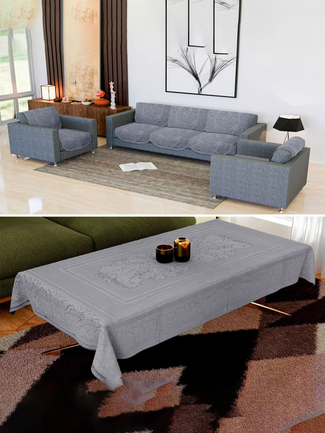 Kuber Industries Grey 11 Pieces Printed Cotton Sofa Cover & Centre Table Covers