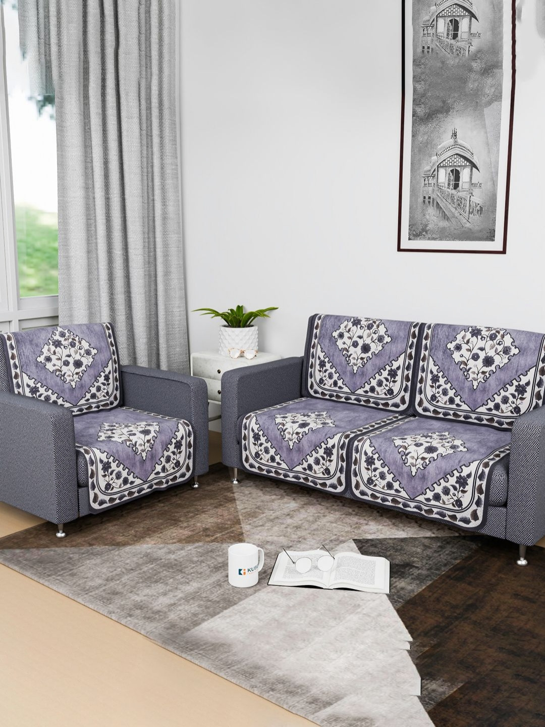 Kuber Industries Blue & White 6 Pieces Foral Printed Cotton Sofa Covers