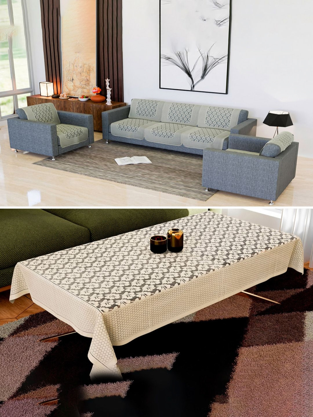 Kuber Industries Cream-Coloured 11 Pieces Printed Cotton Sofa Cover & Table Cover
