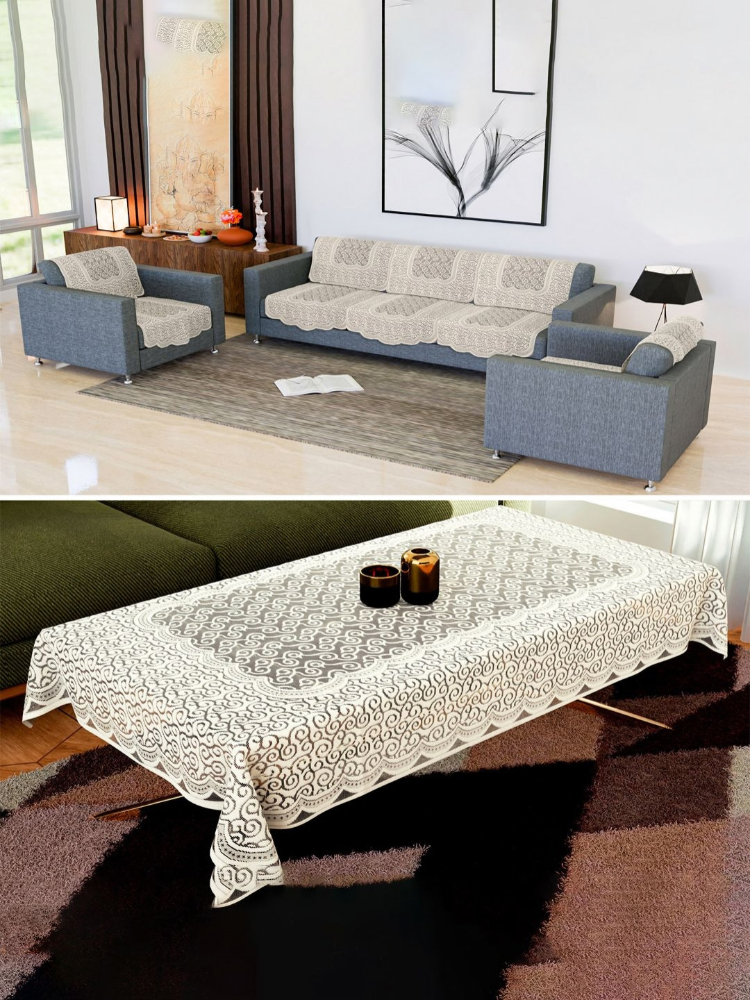Kuber Industries Cream-Coloured 11 Pieces Printed Cotton Sofa Cover & Table Cover