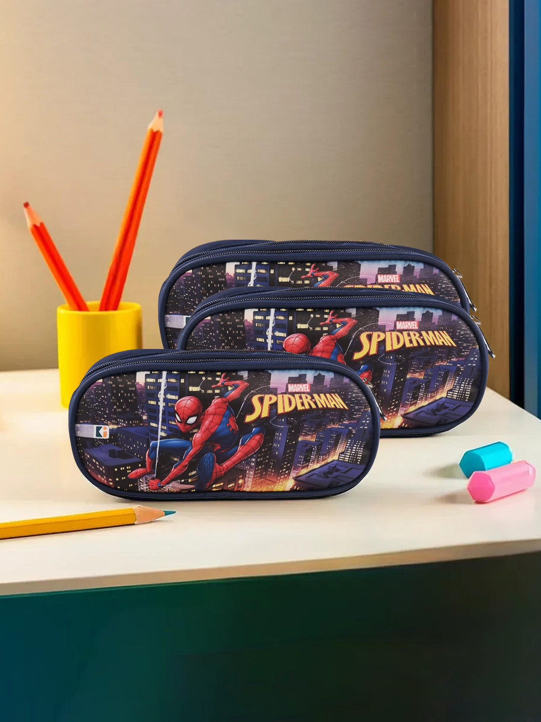 Kuber Industries Unisex Set of 3 Marvel Spider-Man City of Heros Printed Pencil Pouch