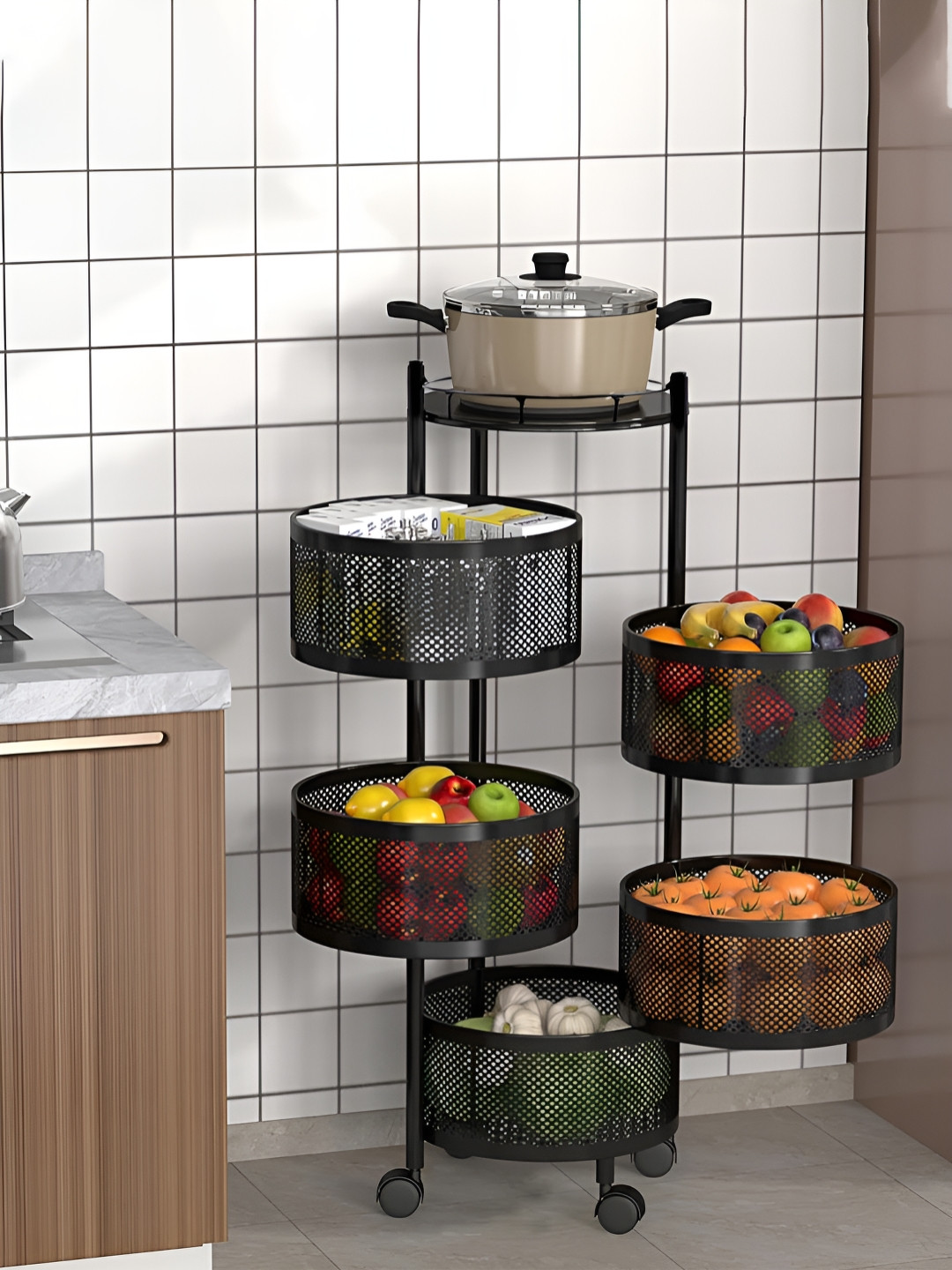Kuber Industries 5 Tier Round Storage Rack Trolley with Rotating Wheels Vegetable Kitchen