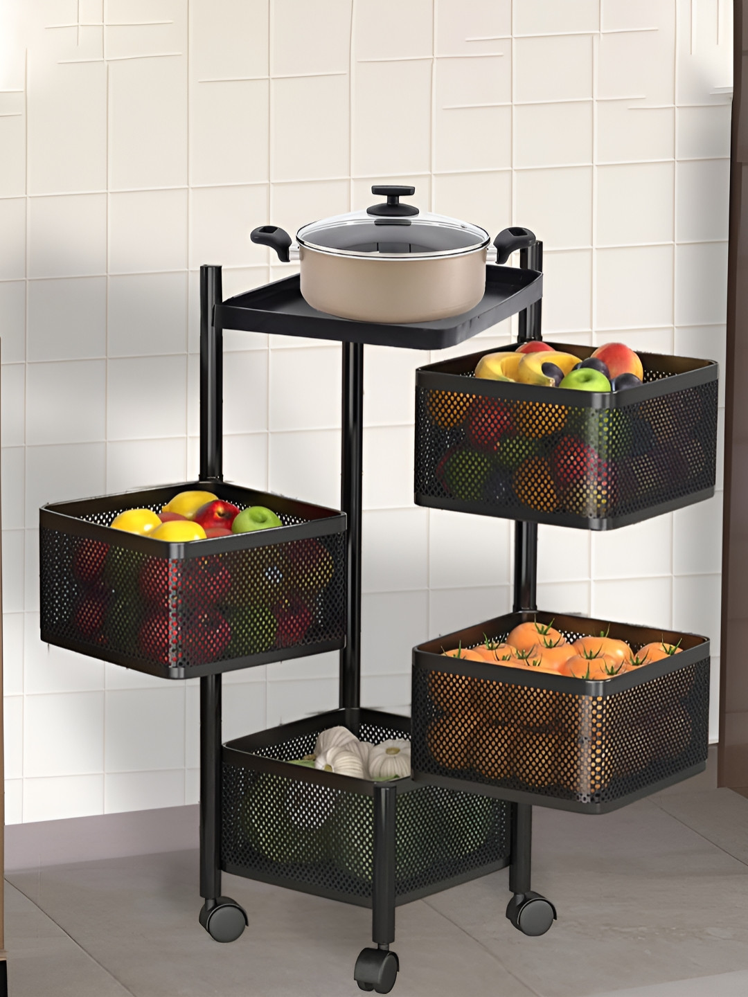 Kuber Industries 4-Layer Metal Square Storage Trolley with Wheels Kitchen Rack vegetables