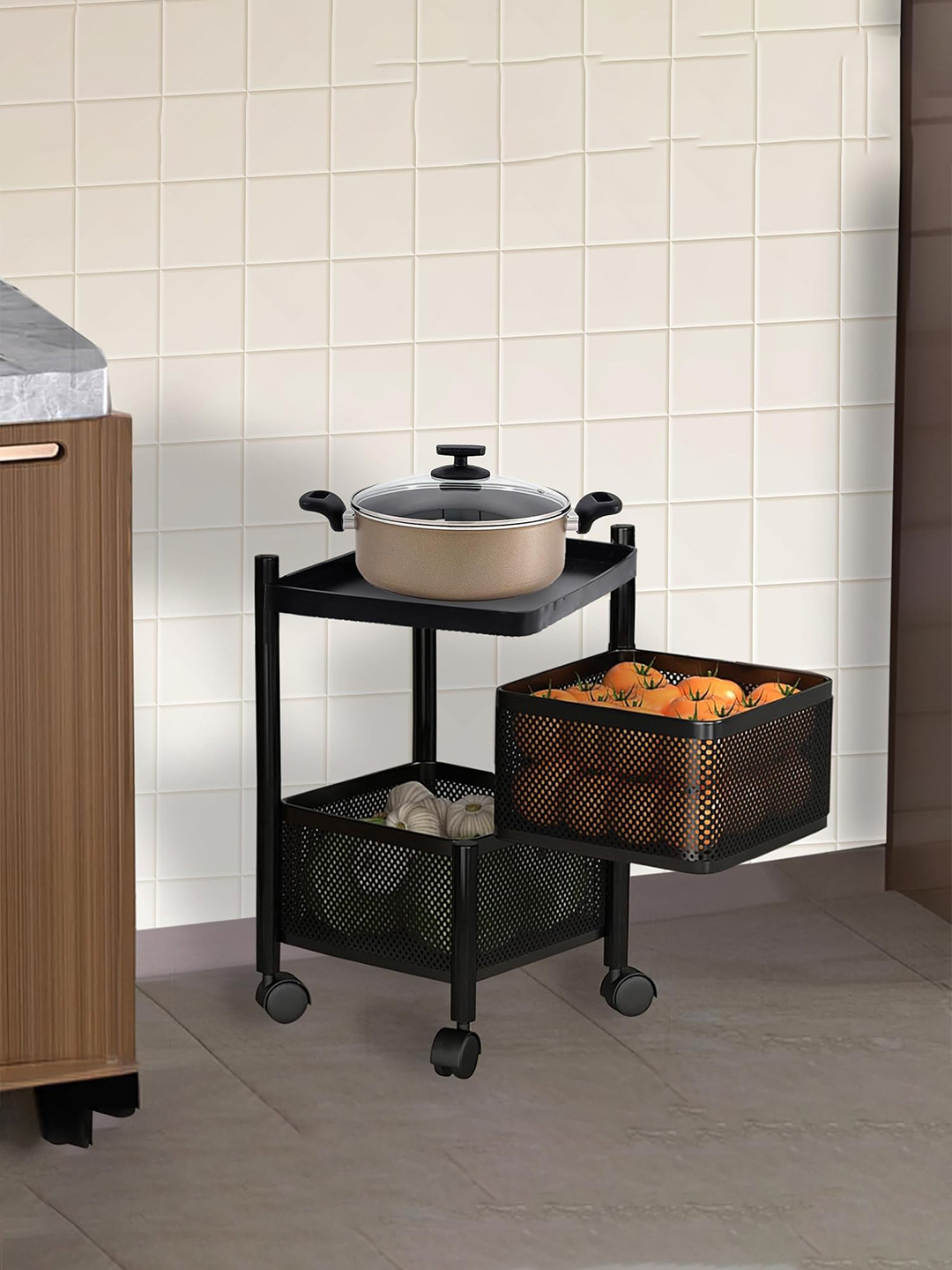 Kuber Industries Black 2 Layer Metal Multipurpose Kitchen Trolley