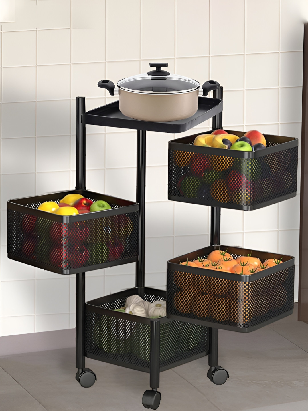 Kuber Industries Black  2 Pieces Textured 4 Layer Metal Multipurpose Kitchen Trolley
