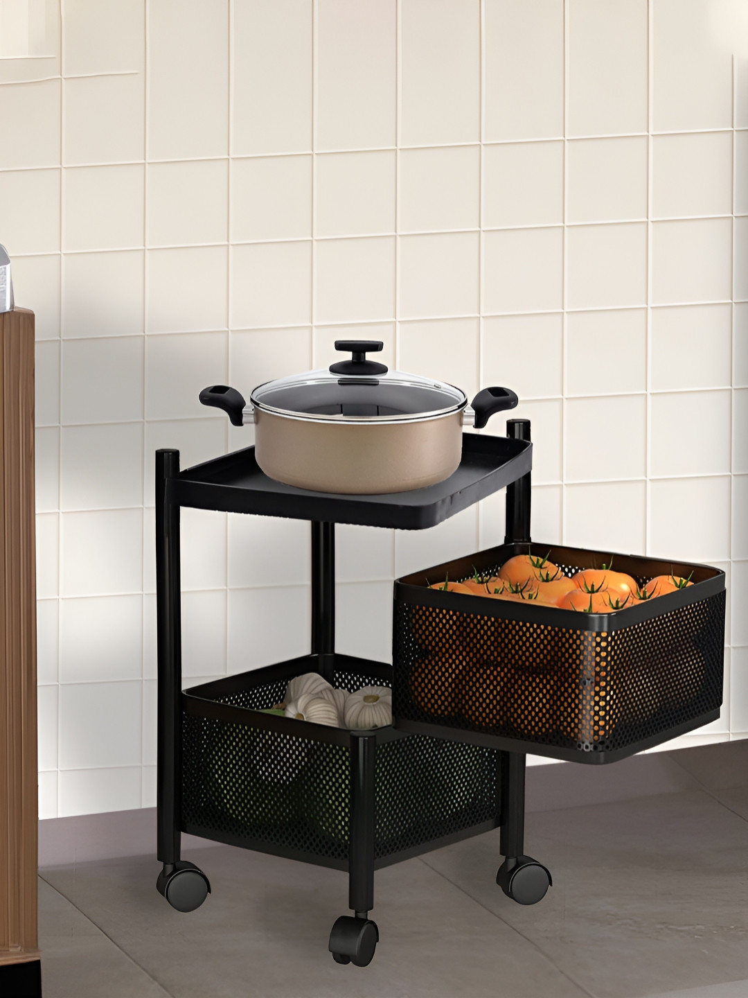 Kuber Industries Black 2-Layer Revolving Metal Multipurpose Rack