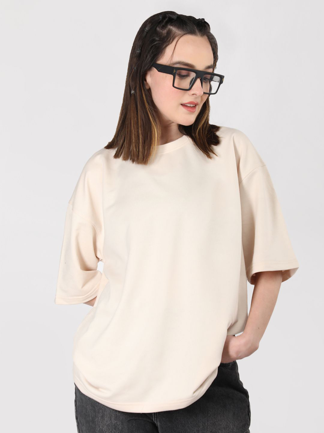 CHKOKKO Women Solid Drop-Shoulder Sleeves Oversized T-shirt