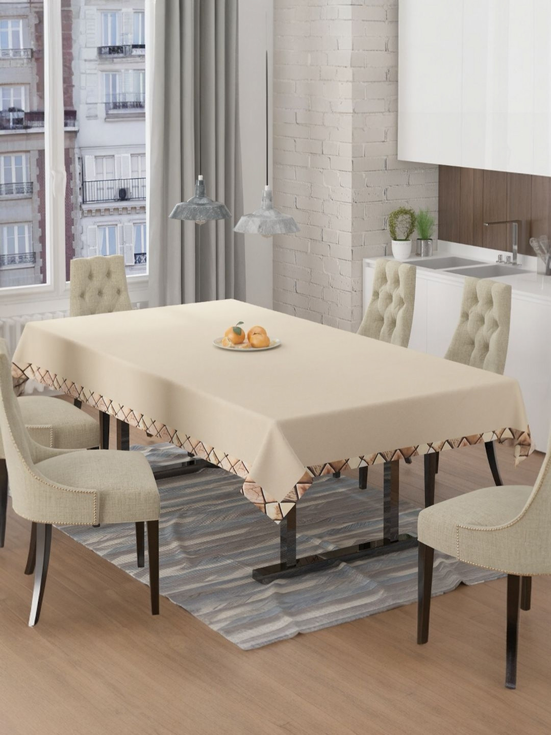 BIGGER FISH Beige Anti-Skid 6-Seater Velvet Table Cover With Border