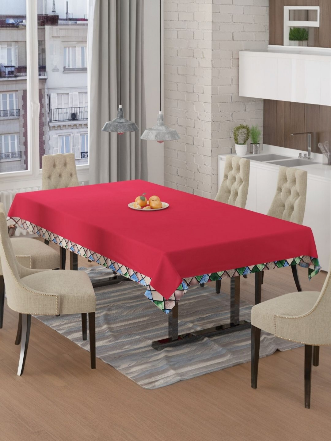 BIGGER FISH Maroon Anti-Skid 6-Seater Velvet Table Cover With Border