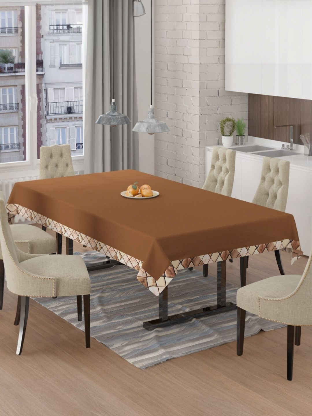 BIGGER FISH Coffee Brown Anti-Skid 6-Seater Velvet Table Cover With Border